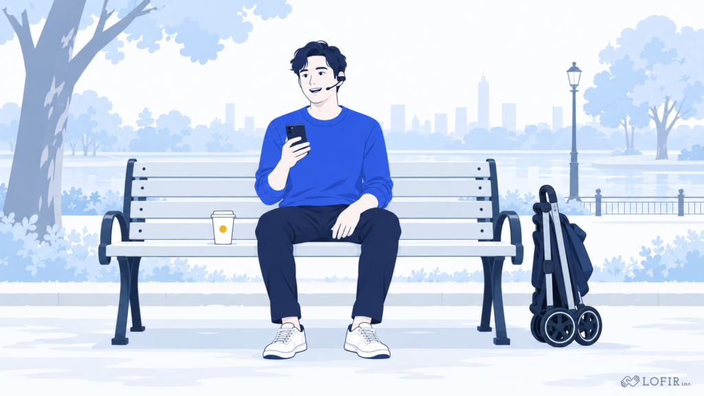 LOFIR｜休日の公園のベンチで、骨伝導ヘッドセットのマイクに話しかけながらスマートフォンでAIに指示を出す人のイラスト（Orca・スマホからのリモート操作）